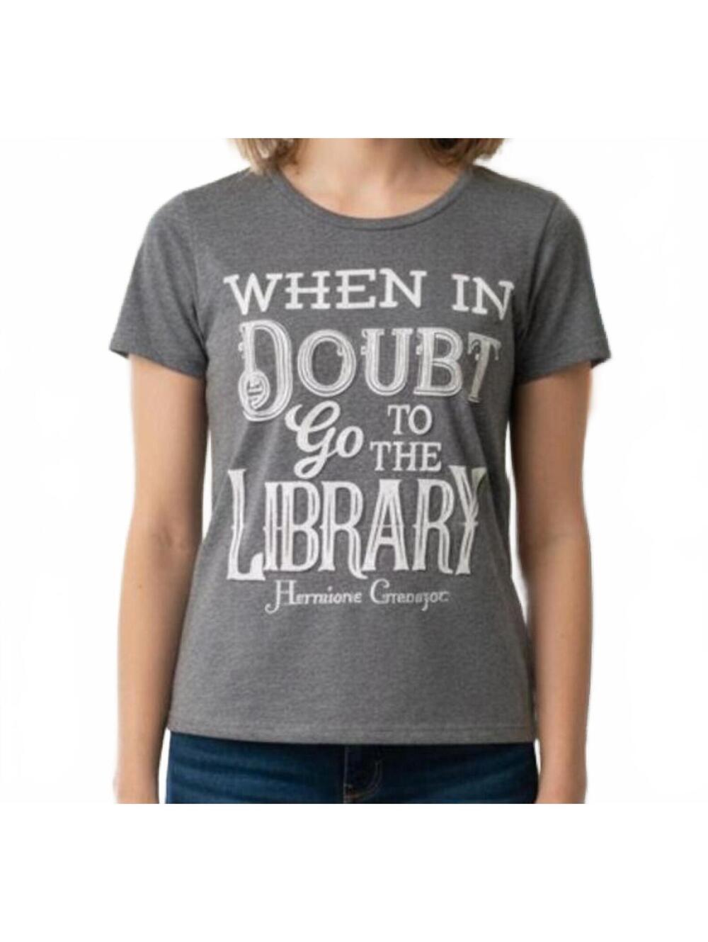 Gray Graphic T-Shirt with 'When in Doubt Go to the Library' Print size s or xs